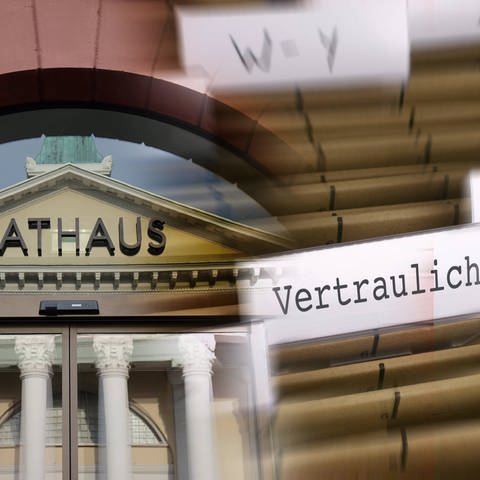 Das Rathaus von Karlsruhe und vertrauliche Akten; wegen der Majolika gibt es scharfe Kritik an der Politik in der Stadt (Foto: IMAGO,  Steinach/ INSADCO (Collage Rebekka Plies))