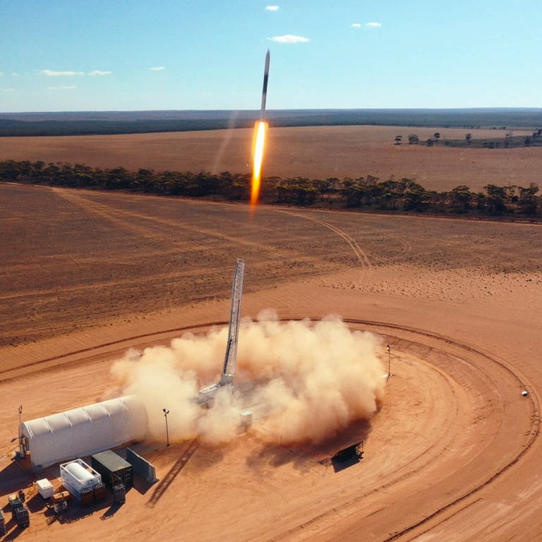 Zum ersten Mal gelingt der sogenannte "Lift-Off" einer deutschen komerziell nutzbaren Rakete. Das Besondere: Die Rakete von HyImpulse wird mit Kerzenwachs angetrieben | Raketenstart der HyImpulse-Rakete in Australien (Foto: HyImpulse)